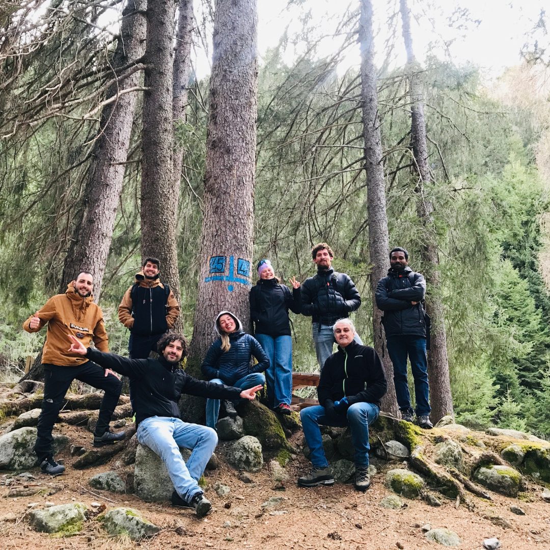 Un gruppo di giovani sotto un albero, foto di gruppo