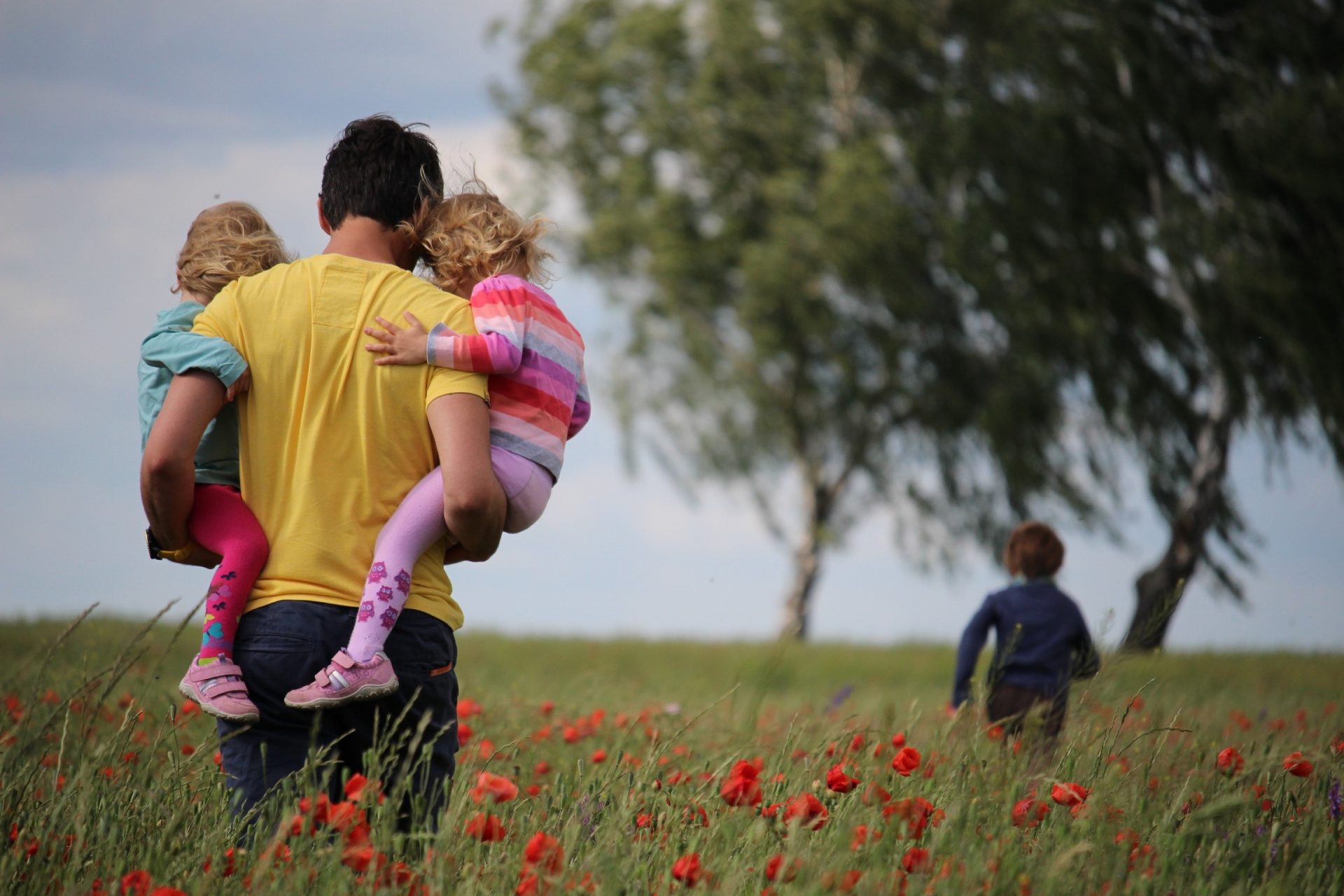 Un padre di spalle con in braccio due bambini in un campo di papaveri, un altro bimbo più avanti, sullo sfondo un albero