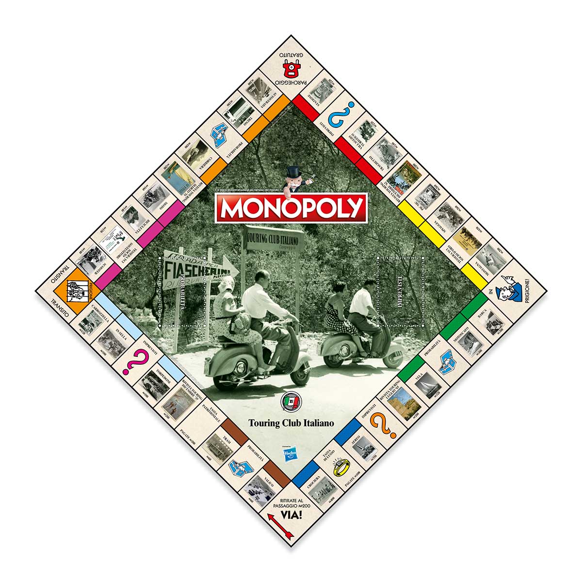 Il tabellone del Monopoly, con in centro una foto d'epica di due persone in viaggio su due motociclette Vespa