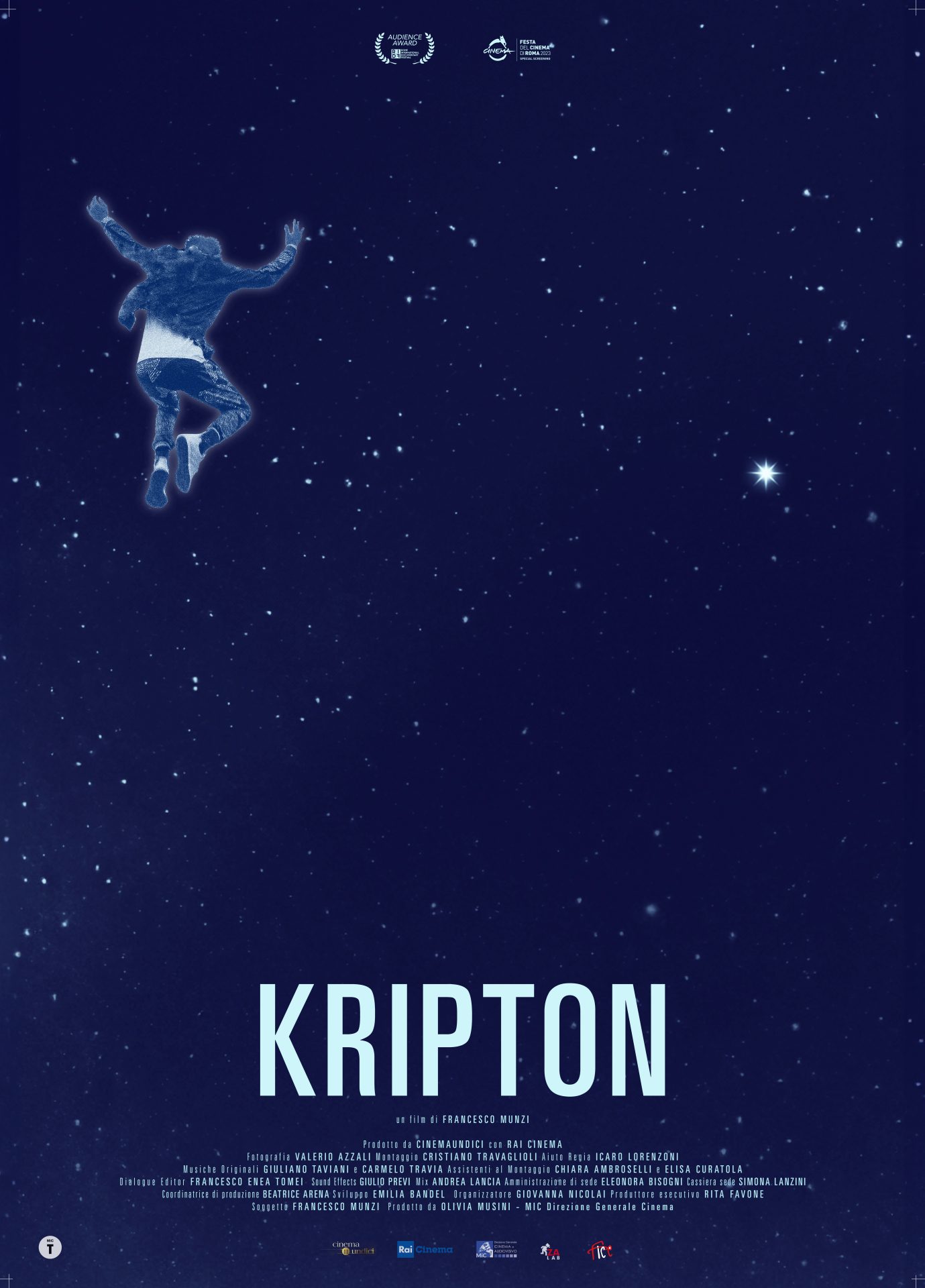 Poster di Kripton, un cielo blu con un ragazzo che salta in alto a sinistra, sotto la scritta "Kripton"