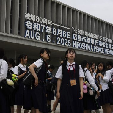 Students walk outside the Peace Memorial Park in Hiroshima, Monday, August 4, 2025, as Japan will mark 80th anniversary of the WWII U.S. atomic bombing on August 6.