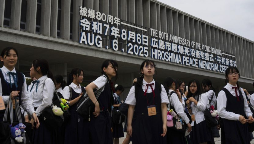 Students walk outside the Peace Memorial Park in Hiroshima, Monday, August 4, 2025, as Japan will mark 80th anniversary of the WWII U.S. atomic bombing on August 6.