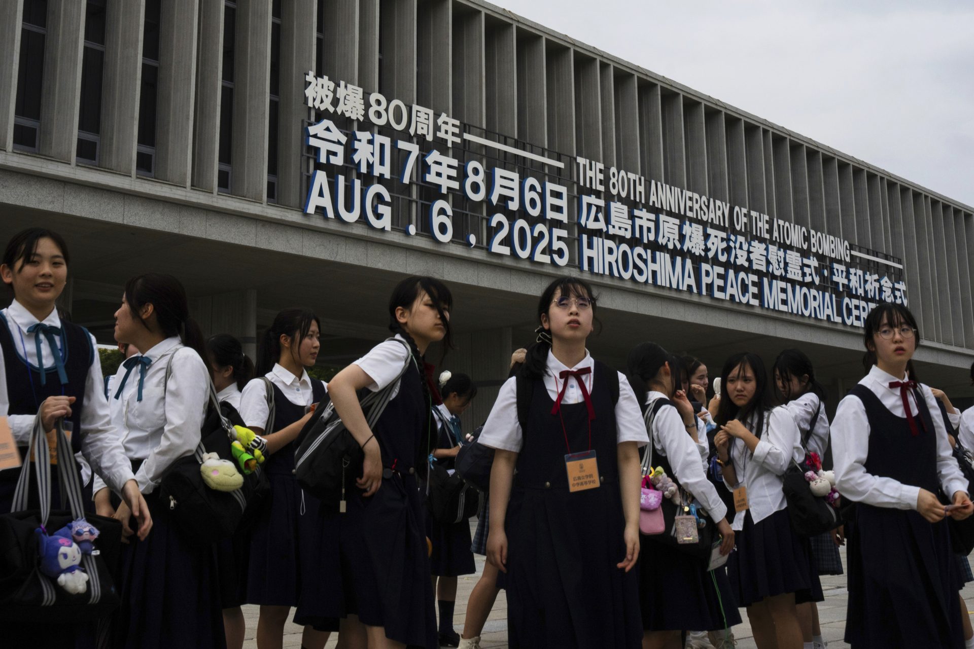 Students walk outside the Peace Memorial Park in Hiroshima, Monday, August 4, 2025, as Japan will mark 80th anniversary of the WWII U.S. atomic bombing on August 6.